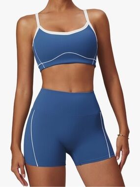 Blue Athletic Sports Bra & High-Waist Shorts Set